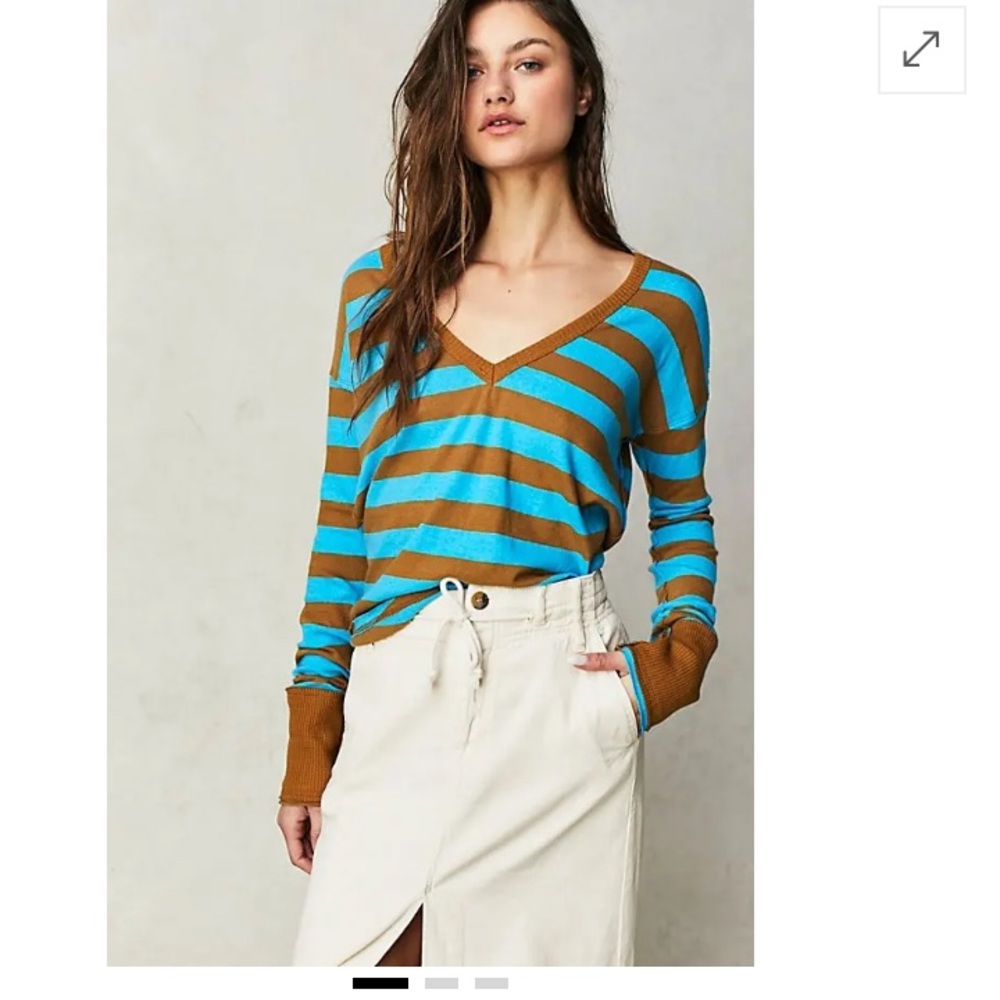 Free People‎ We The Free Sail Away Long Sleeve Tee Brown Blue Small